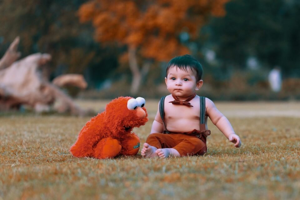 Outdoor portrait photograph of a barefoot baby boy wearing suspenders and a bow tie, sitting in the grass next to a large red stuffed Elmo toy. Professional baby and kids photography by AHSANZ.