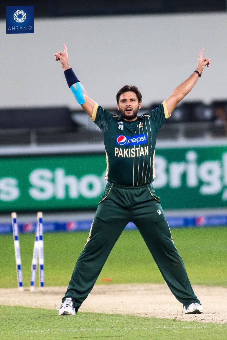 Full-length, high-impact photograph of Pakistani cricketer Shahid Afridi celebrating a wicket or victory, arms raised high above his head, wearing the national team's green uniform. Professional sports photography by AHSANZ.