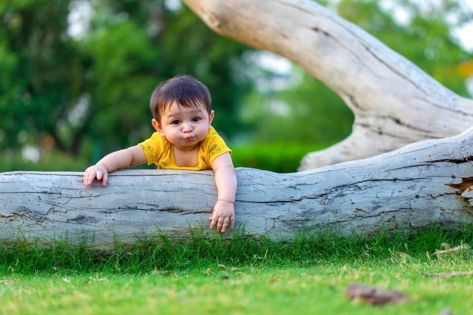 Outdoor portrait photograph of a baby in a yellow shirt playing on a large, pale fallen tree trunk or log in a grassy park setting. Professional baby and kids photography by AHSANZ.