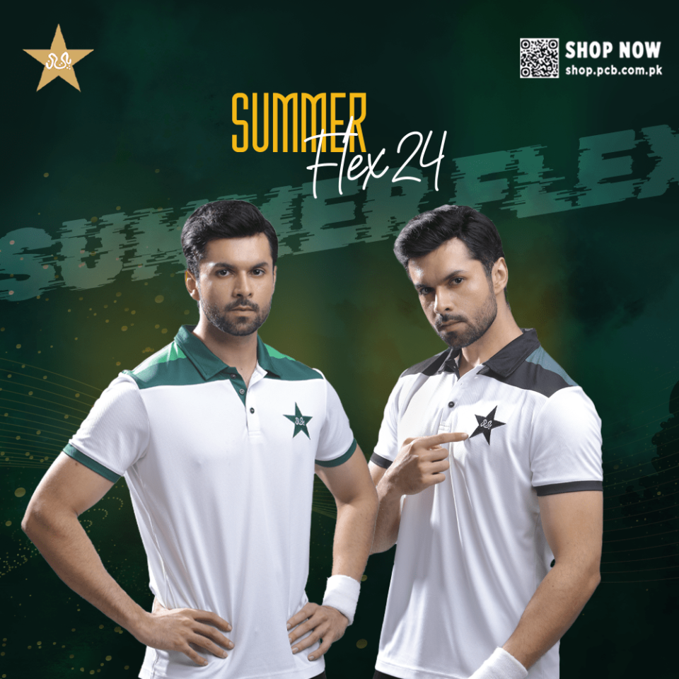 Square marketing graphic for PCB Summer Flex 24 showing two cricketers in white performance polos against a dark green atmospheric background, designed by AHSANZ.