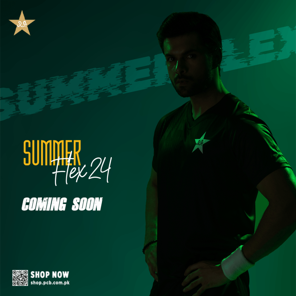 Dramatic low-light sports photography of a cricketer in a dark green jersey for the PCB Summer Flex 24 teaser, designed by AHSANZ.