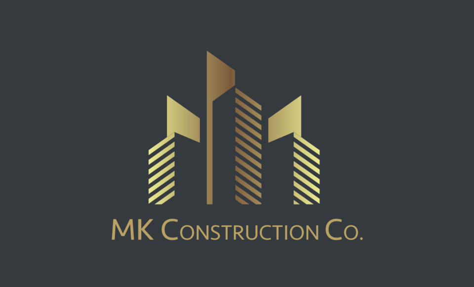 Minimalist gold gradient logo design for MK Construction Co. featuring stylized skyscrapers, designed by AHSANZ.