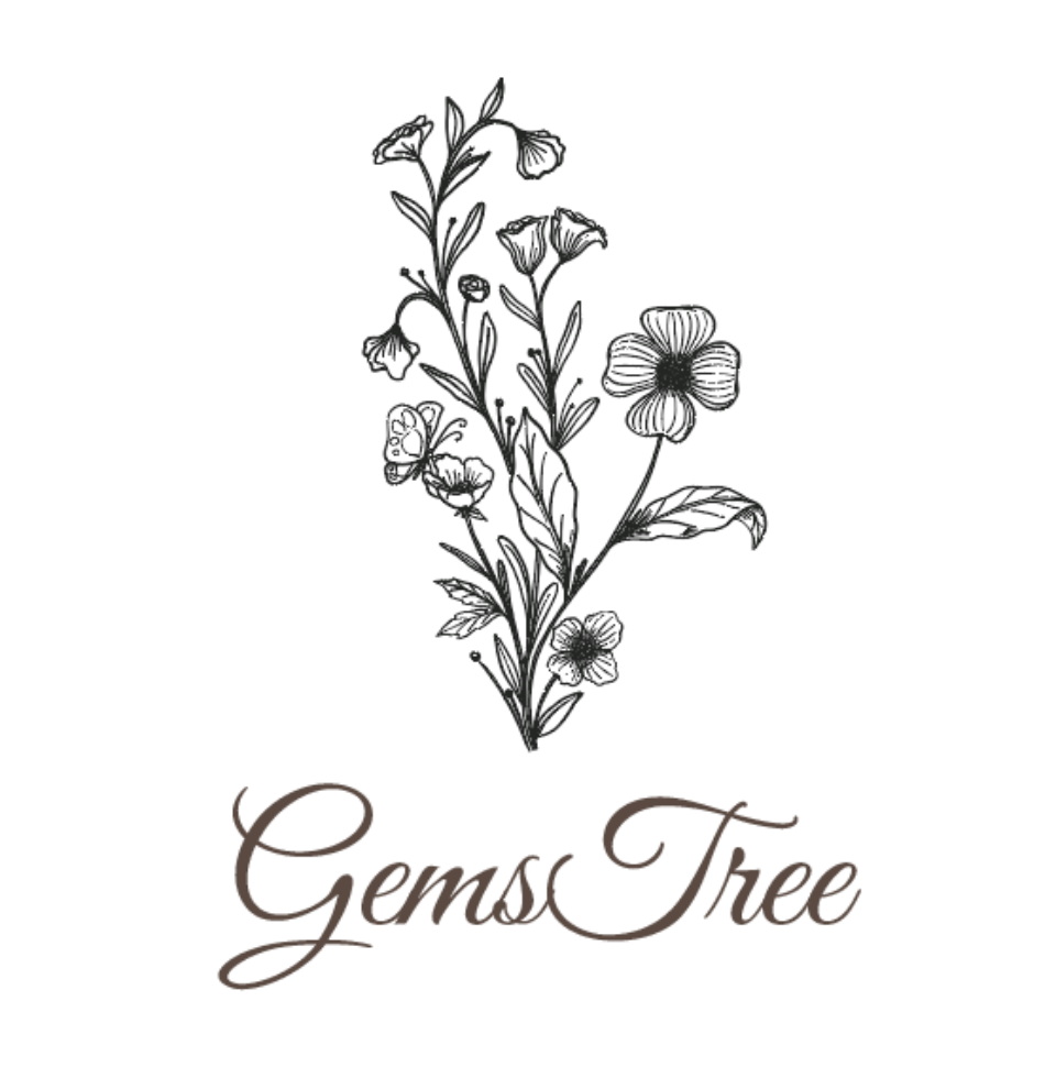 Hand-drawn vintage botanical line art logo for GemsTree featuring a wildflower bouquet and butterfly, designed by AHSANZ.