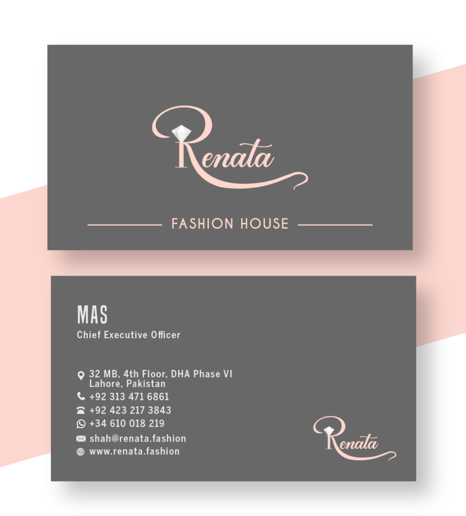 Professional double-sided business card design for Renata Fashion House featuring a pink script logo with a diamond icon on a charcoal grey background, designed by AHSANZ.
