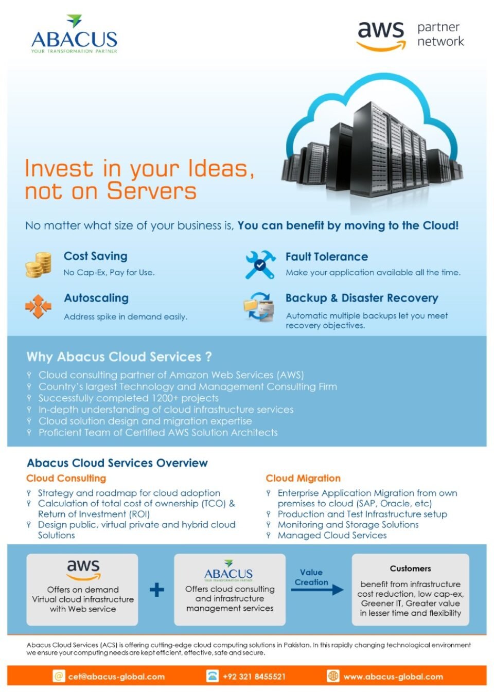 A professional B2B marketing flyer for Abacus Cloud Services and AWS Partner Network featuring cloud computing benefits and service overviews, designed by AHSANZ.