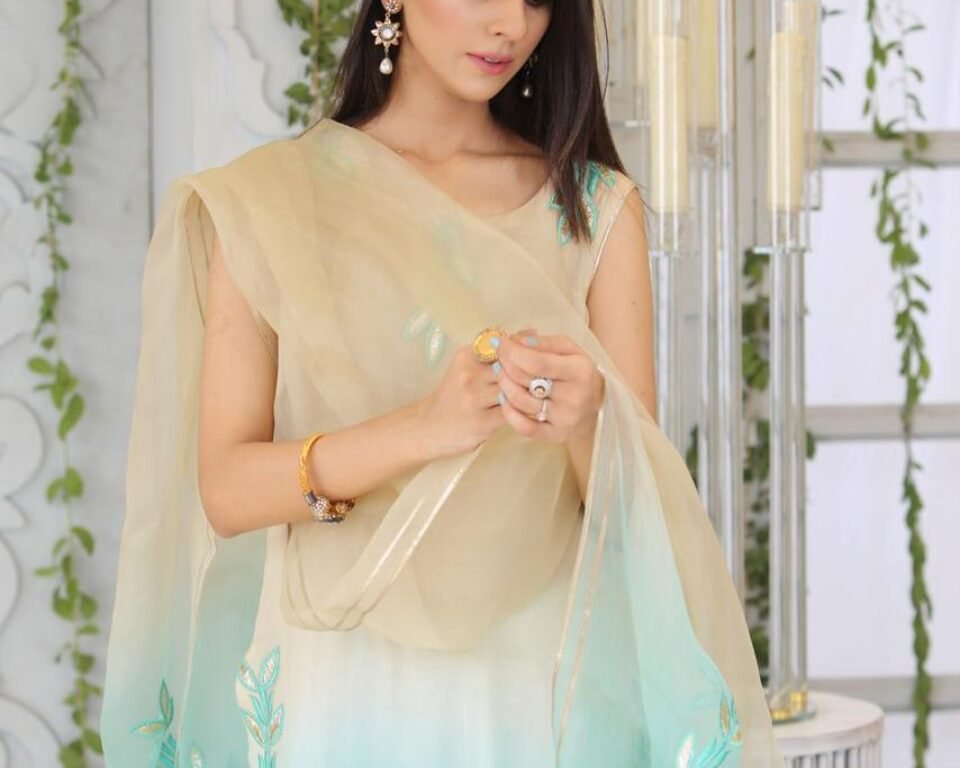 Close-up editorial fashion portrait of a model holding a sheer dupatta that transitions from cream to aqua blue with gold embroidered leaves, set in a bright, white room with greenery. Fashion and jewelry photography by AHSANZ.
