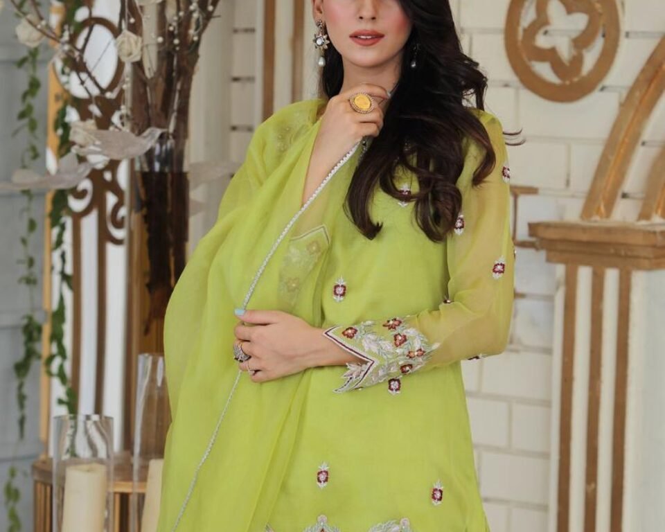 Close-up editorial fashion portrait of a model wearing a sheer lime green traditional Pakistani suit with red, white, and silver floral embroidery on the hem and sleeves, holding a matching sheer dupatta. Fashion photography by AHSANZ.