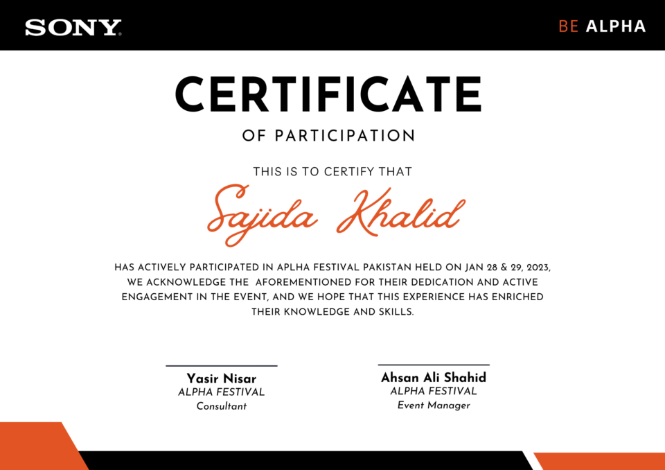 Professional Certificate of Participation for Sony Alpha Festival Pakistan, featuring clean typography and Sony branding, designed by AHSANZ.