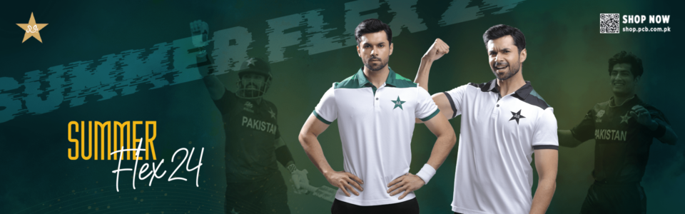 Official Pakistan Cricket Board Summer Flex 24 marketing banner featuring cricketers in white and green athletic polos, designed by AHSANZ.
