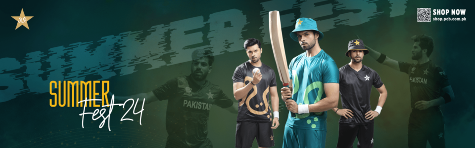 Professional marketing banner for PCB Summer Fest 24 featuring cricketers in teal, black, and gold performance wear, designed by AHSANZ.