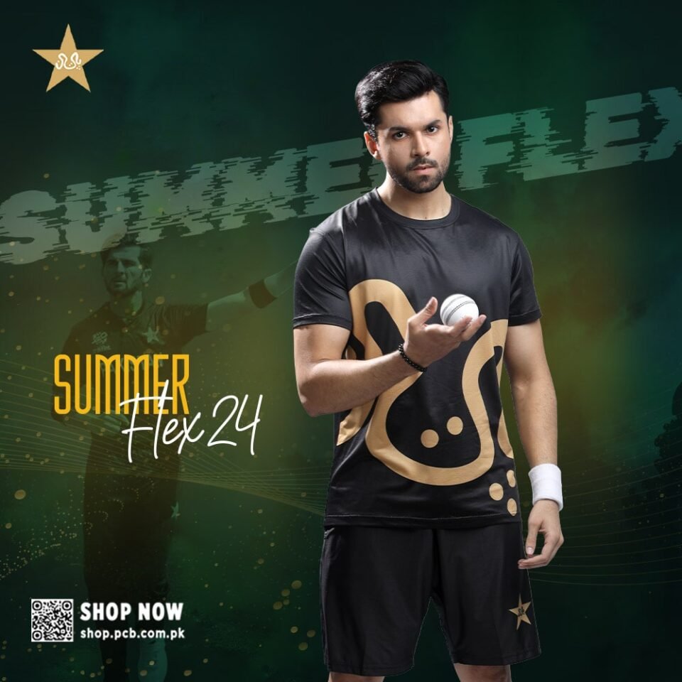 A dark, black and gold, short-sleeved sportswear shirt featuring a large, stylized, abstract design. The shirt is modeled by a South Asian man with dark hair and a beard, who is also wearing black athletic shorts. He is holding a white cricket ball in his right hand. The background is a moody, dark green and black with abstract graphics, and promotional text that says "SUMMER FLEX 24" and "SHOP NOW https://www.google.com/search?q=shop.pcb.com.pk". Editorial fashion photography by AHSANZ.