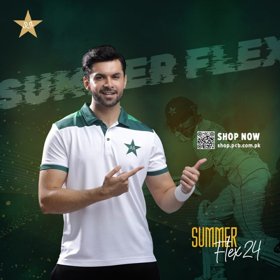 Marketing graphic for PCB Summer Flex 24 featuring a smiling cricketer pointing to the official white and green performance polo, designed by AHSANZ.