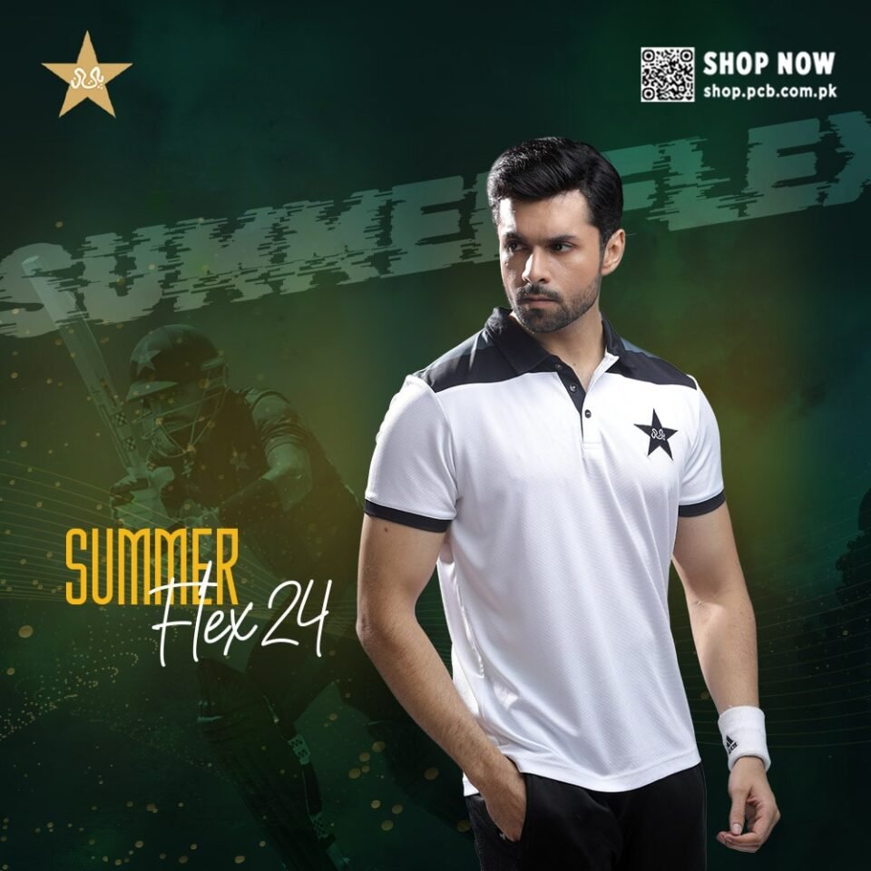 Professional studio photography of a cricketer modeling the black-accented white performance polo for the PCB Summer Flex 24 collection, designed by AHSANZ.