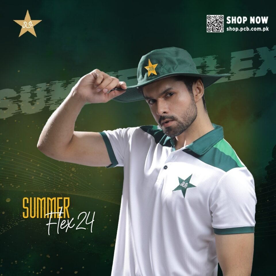 A cricketer modeling a green PCB sun hat and white performance polo for the Summer Flex 24 collection, designed by AHSANZ.