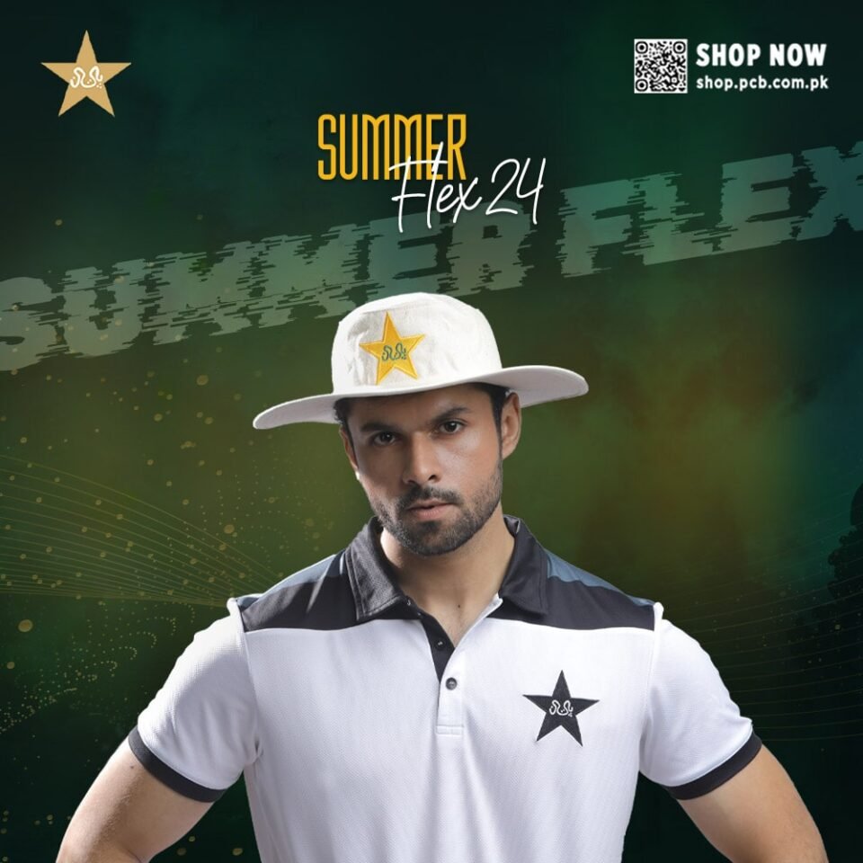 A cricketer modeling a white PCB wide-brimmed sun hat and black-accented performance polo for the Summer Flex 24 collection, designed by AHSANZ.