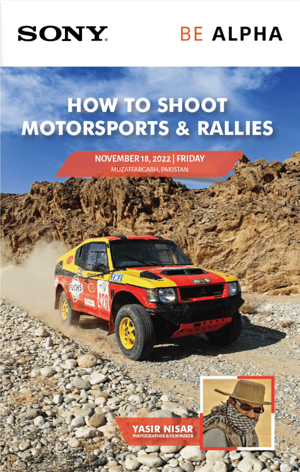 Vertical poster design for the Sony Be Alpha workshop, "How to Shoot Motorsports & Rallies," featuring a red and yellow rally car on a rocky desert track. Graphic design by AHSANZ.