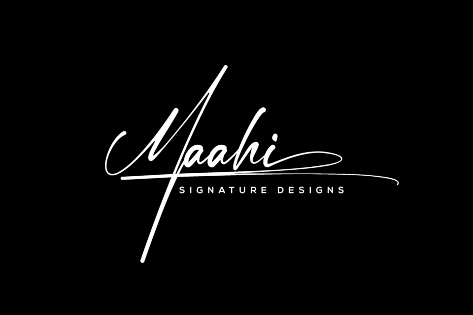 Elegant white cursive signature-style logo for Maahi Signature Designs on a solid black background, designed by AHSANZ.