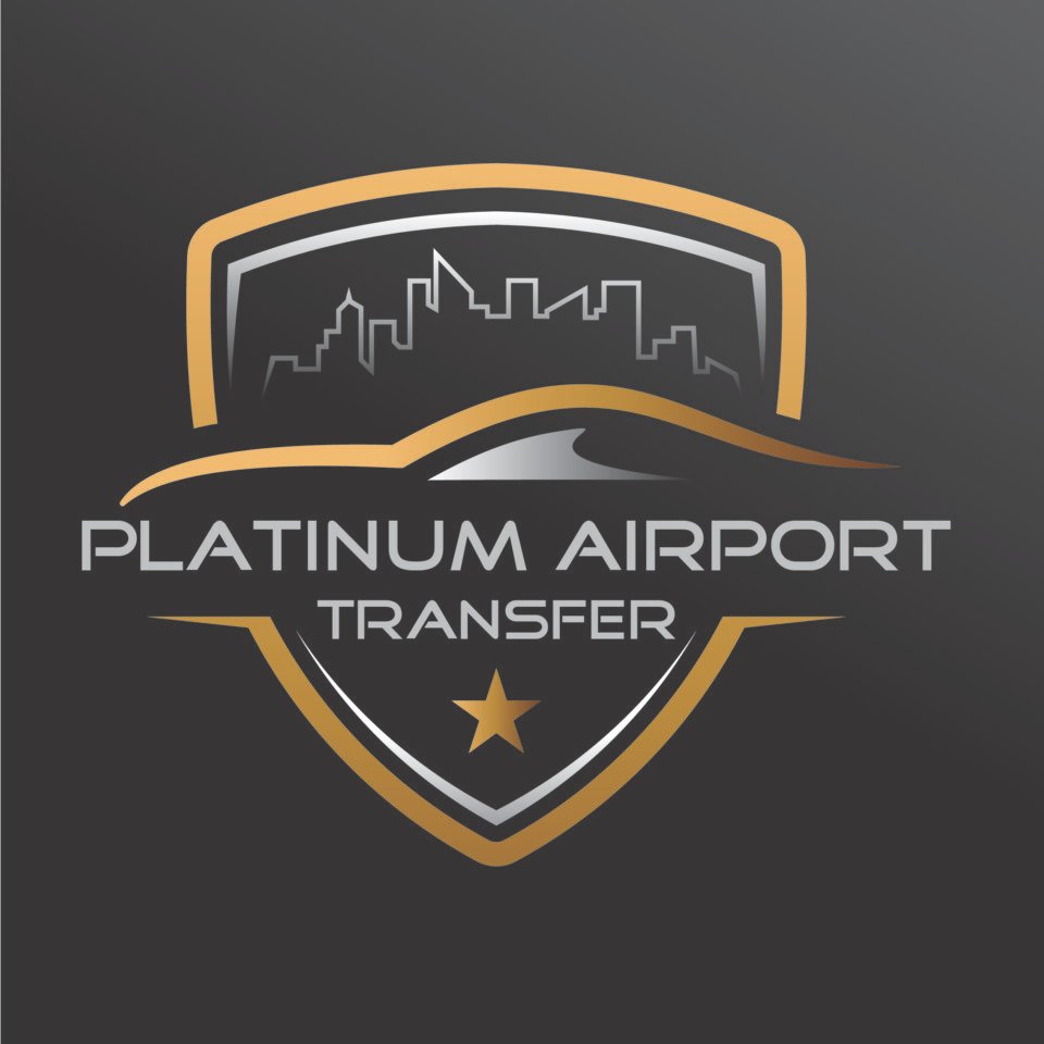 A premium shield-shaped logo for 'PLATINUM AIRPORT TRANSFER' featuring a gold and silver metallic gradient. The design includes a city skyline silhouette inside the upper shield, a sleek car profile line in the center, and a single gold star at the bottom, meticulously designed by AHSANZ.
