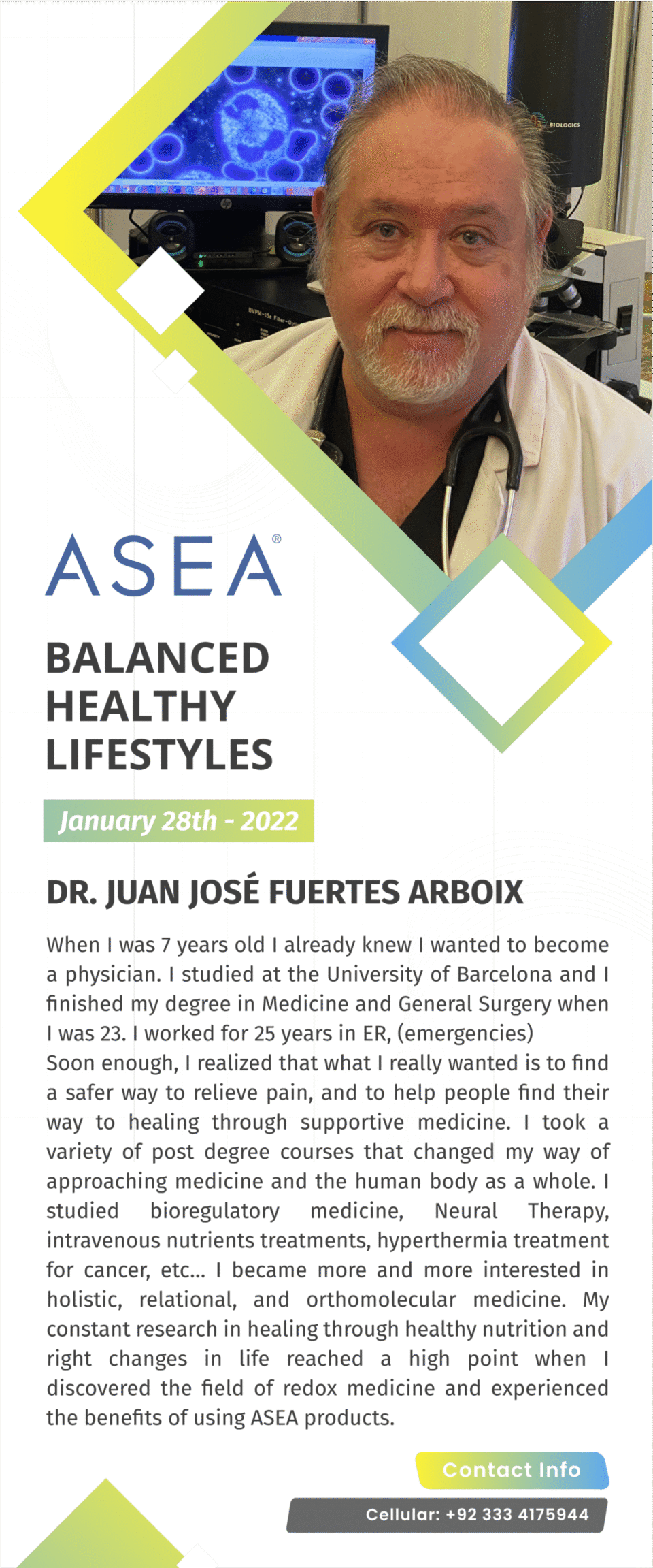 A vertical marketing standee for ASEA featuring Dr. Juan José Fuertes Arboix. The design uses a clean white background with modern lime green and blue geometric accents. It includes the ASEA logo, a professional photo of the doctor, his biography, and contact details.