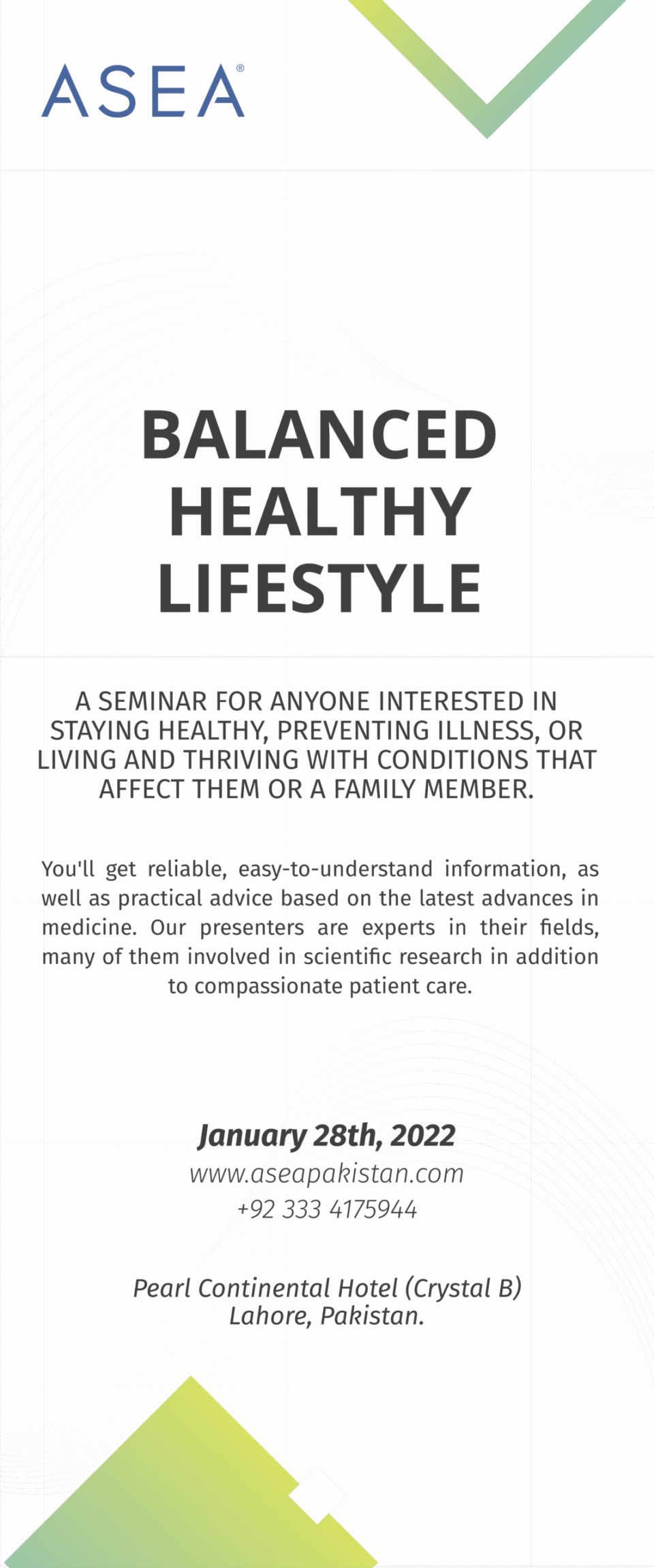 A vertical informational standee designed by AHSANZ for the "Balanced Healthy Lifestyle" seminar by ASEA. The design features a clean white background with a subtle wavy line texture, bold charcoal typography, and lime green geometric accents at the top and bottom. It details the seminar's focus on medical advances, expert presenters, and event logistics for January 2022 in Lahore.