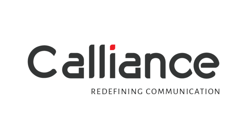 A clean, charcoal grey wordmark for Calliance featuring a distinctive red leaf or drop accent over the letter 'i', designed by AHSANZ.